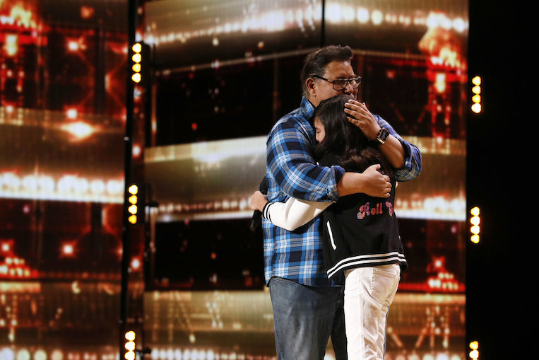 Madison Baez hugging her father after earning the Golden Buzzer