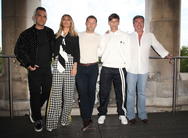 Robbie Williams, Ayda Field, Dermot O'Leary, Louis Tomlinson and Simon Cowell during The X Factor 2018 launch at Somerset House on July 17, 2018