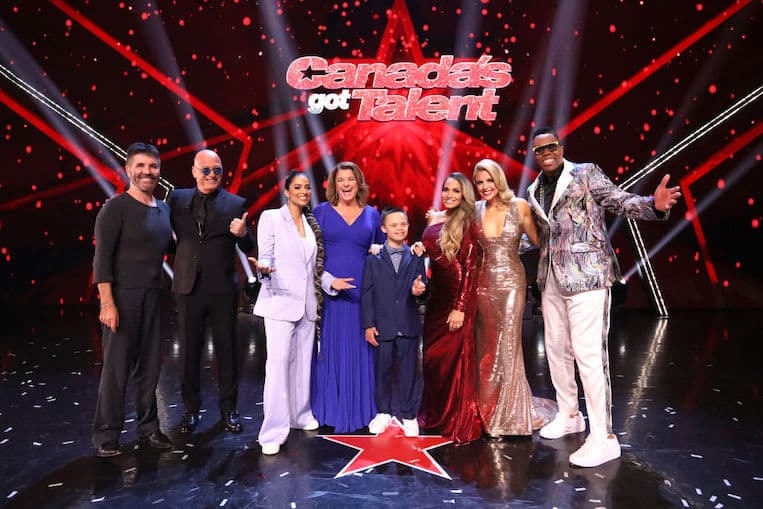Simon Cowell, Howie Mandel, Lilly Singh, 2022 winner Jeanick Fournier, Trish Stratus, Lindsay Ell, and Kardinal Offishall at the 'Canada's Got Talent' finale