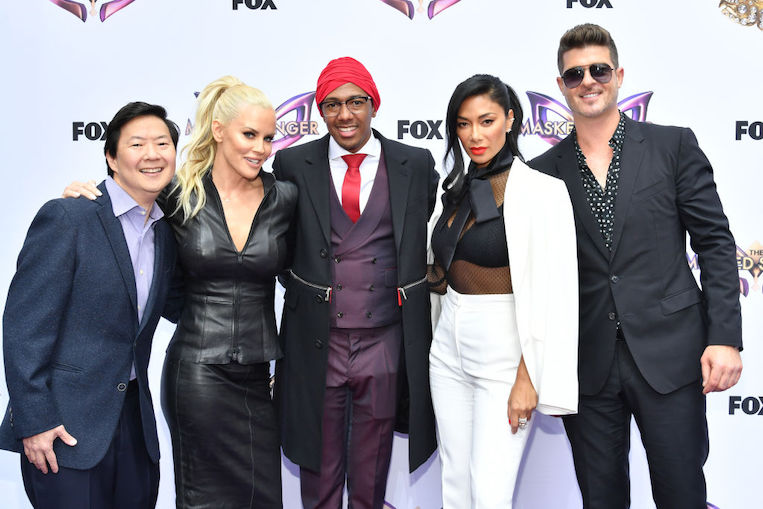 Ken Jeong, Jenny McCarthy, Nick Cannon, Nicole Scherzinger, and Robin Thicke on 'The Masked Singer' red carpet