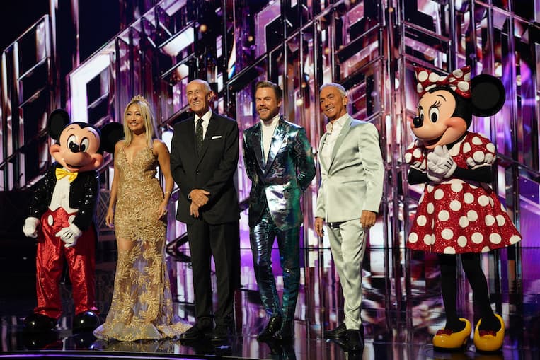 Mickey Mouse, Carrie Ann Inaba, Len Goodman, Derek Hough, Bruno Tonioli, and Minnie Mouse on 'Dancing With the Stars'