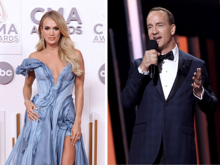 Carrie Underwood at the 56th Annual CMA Awards, Peyton Manning hosting the 56th Annual CMA Awards