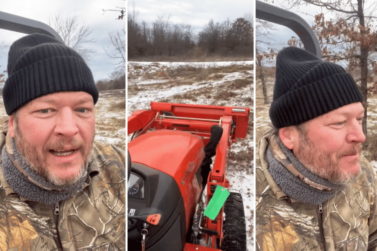 Blake Shelton Does a Backyard Joyride On His Lawnmower