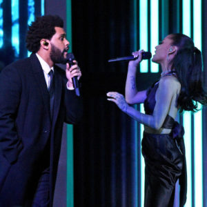 Ariana Grande and The Weeknd at the 2021 iHeartRadio Music Awards