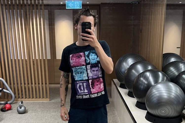 Harry Styles poses in a One Direction t-shirt