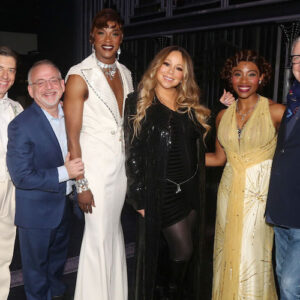 Christian Borle, Composer/Lyricist Marc Shaiman, J. Harrison Ghee, Producer Mariah Carey, Adrianna Hicks and Lyricist Scott Wittman pose backstage at "Some Like it Hot" on Broadway