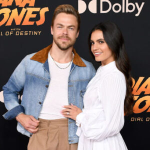 Derek Hough and Hayley Erbert at the premiere of Indiana Jones and the Dial of Destiny