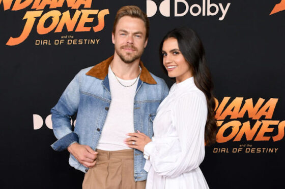 Derek Hough and Hayley Erbert at the premiere of Indiana Jones and the Dial of Destiny