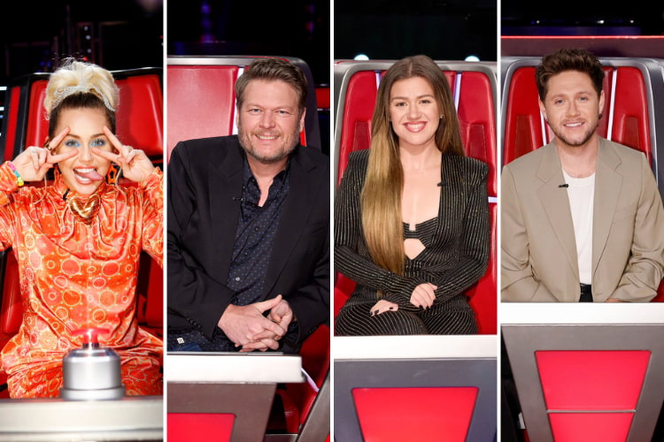 Miley Cyrus, Blake Shelton, Kelly Clarkson, and Niall Horan on 'The Voice' throughout the years.